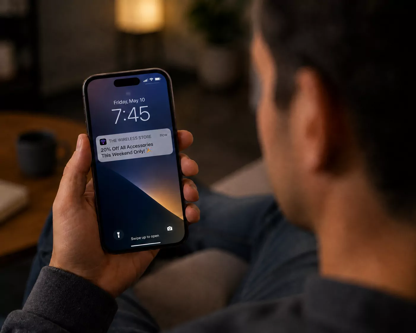 Push notification on a lock screen: 20% off all accessories, this weekend only