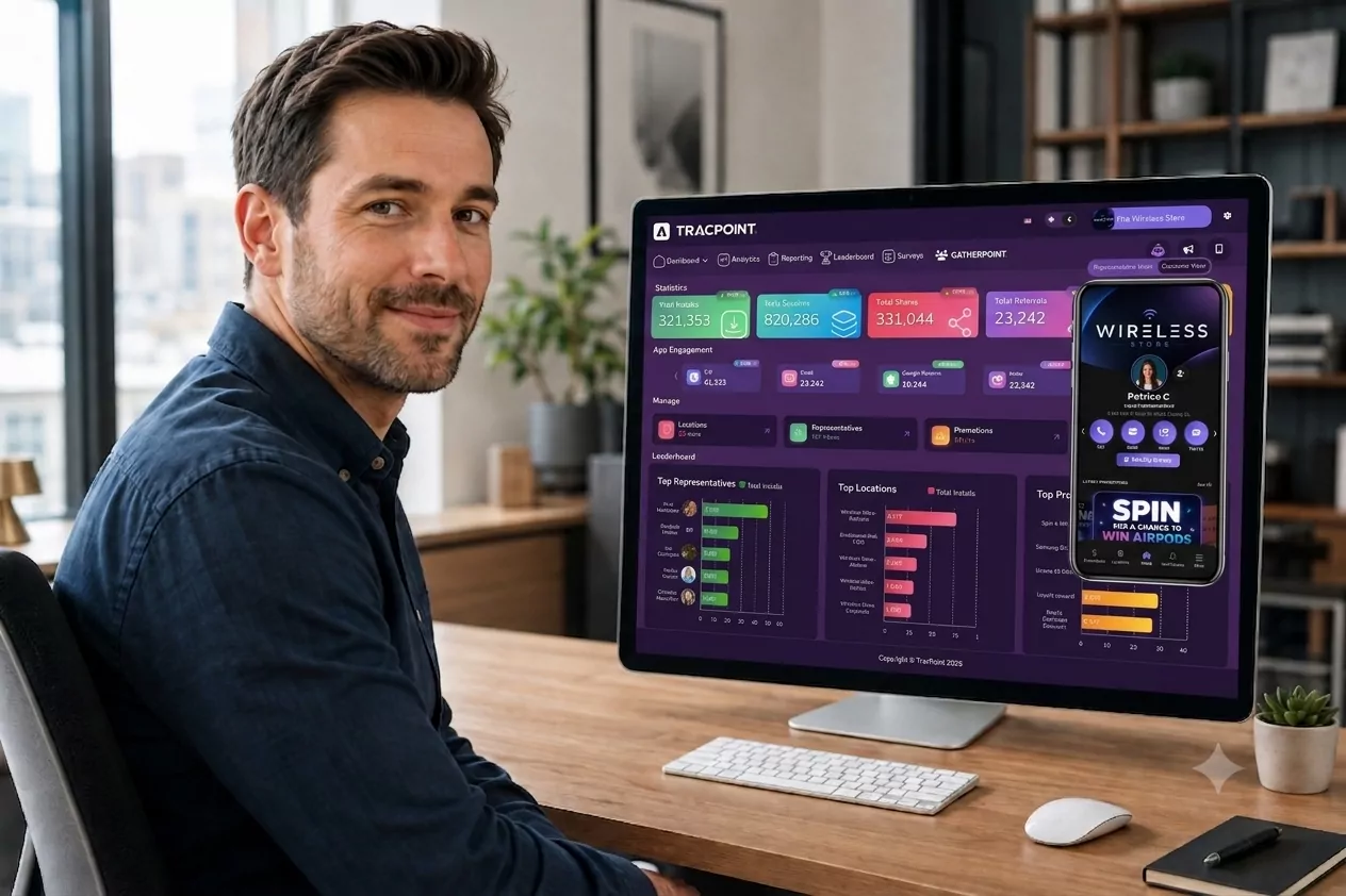 TracPoint admin dashboard displayed on an office monitor showing over 100,000 installs, high session and share volume, and growth across every metric