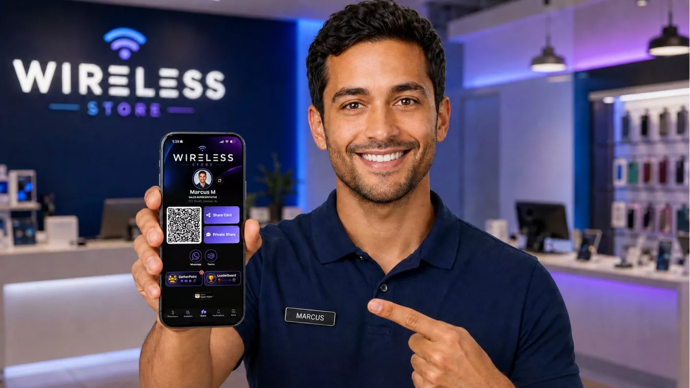 A new sales rep holding up his phone, showing his TracPoint digital business card with QR code, contact info, and promotions