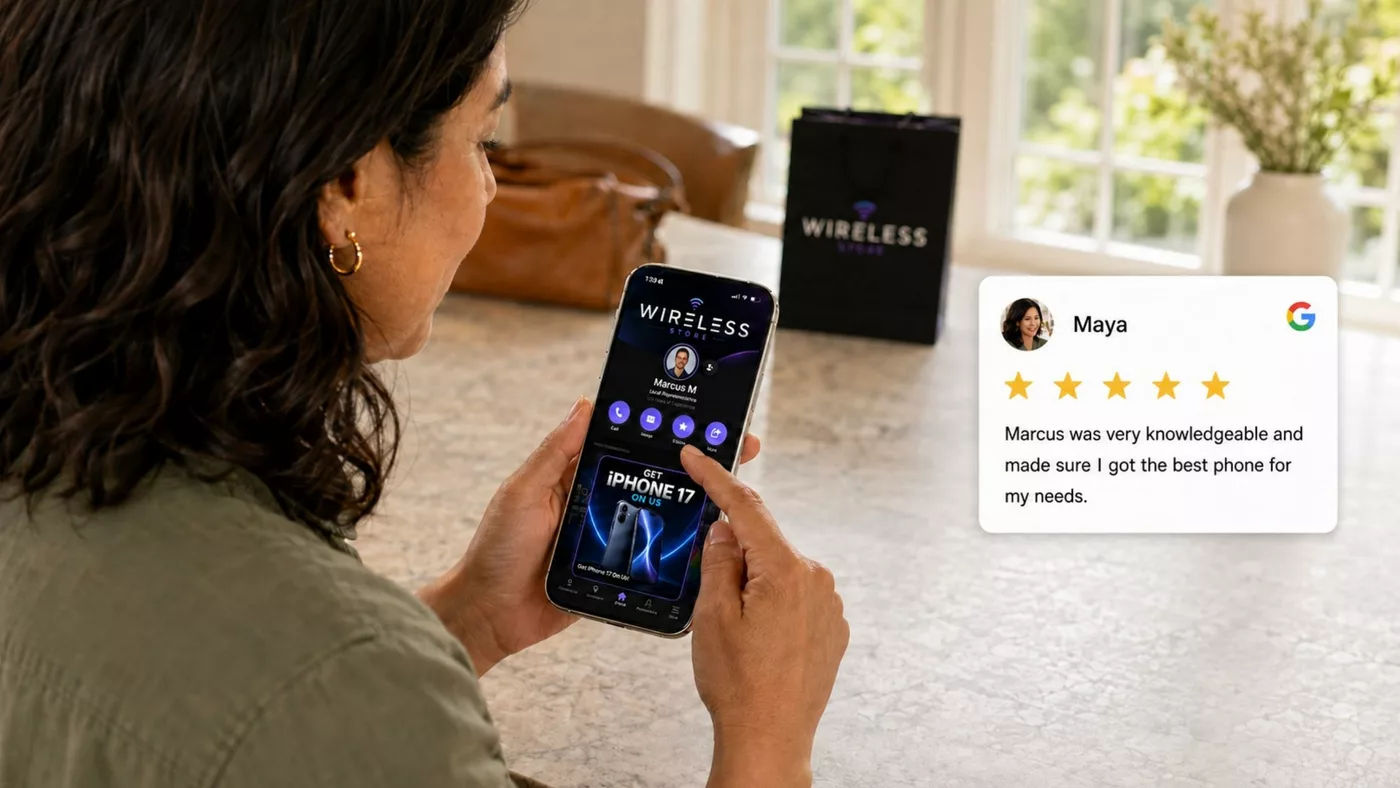 A customer leaving a five-star Google review directly from the rep's digital card