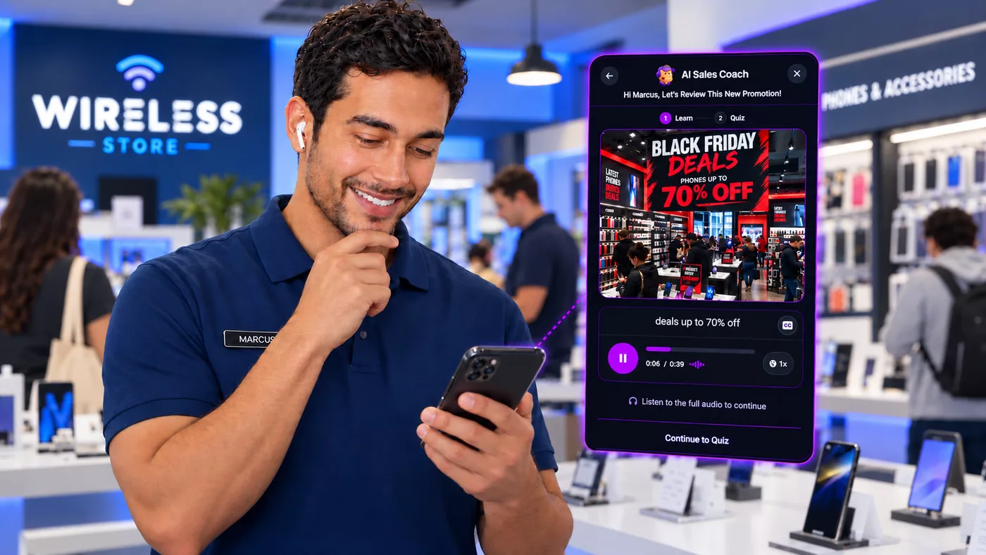 A rep reviewing a new Black Friday promotion with the AI Sales Coach on his phone: quick audio training followed by a short quiz